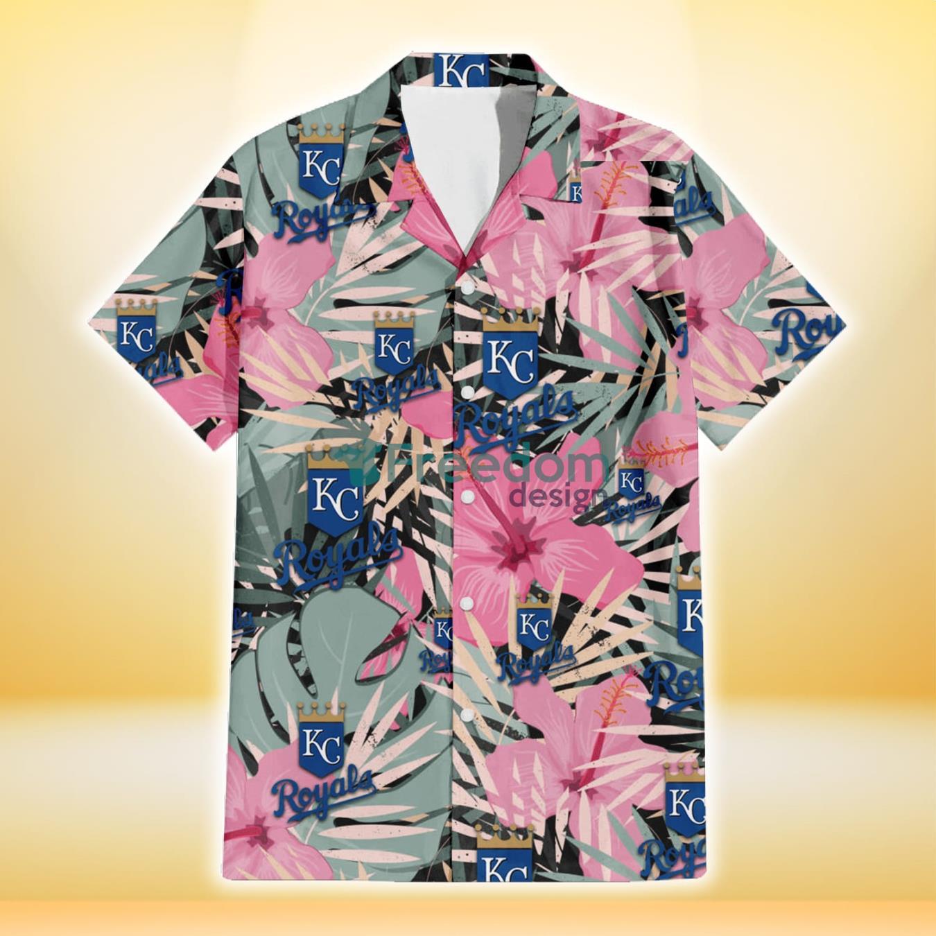 Kansas City Royals Light Pink Hibiscus Pale Green Leaf Black Background 3D Hawaiian Shirt Gift For Fans Product Photo 2