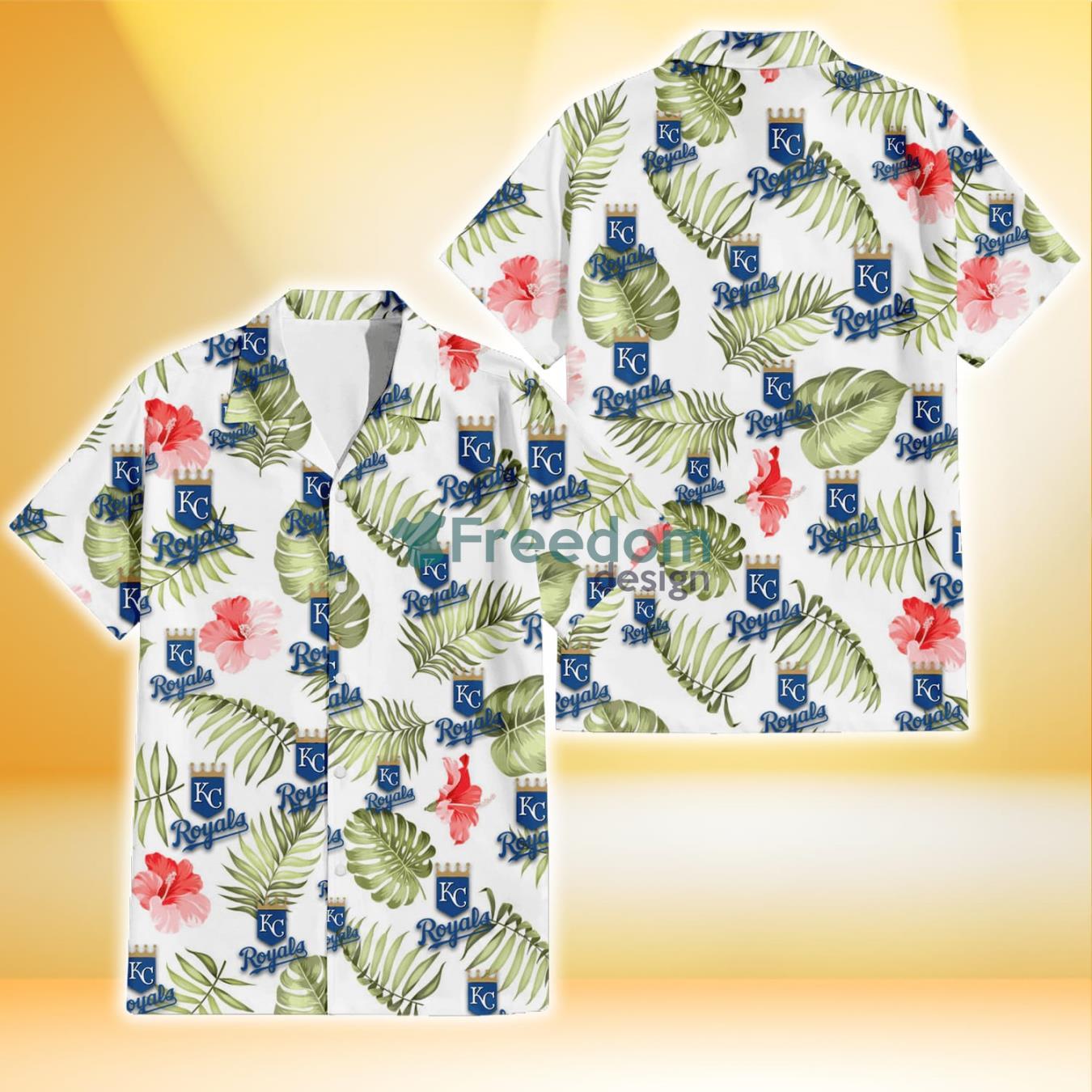 Kansas City Royals Light Salmon Hibiscus Green Leaf White Background 3D Hawaiian Shirt Gift For Fans Product Photo 1