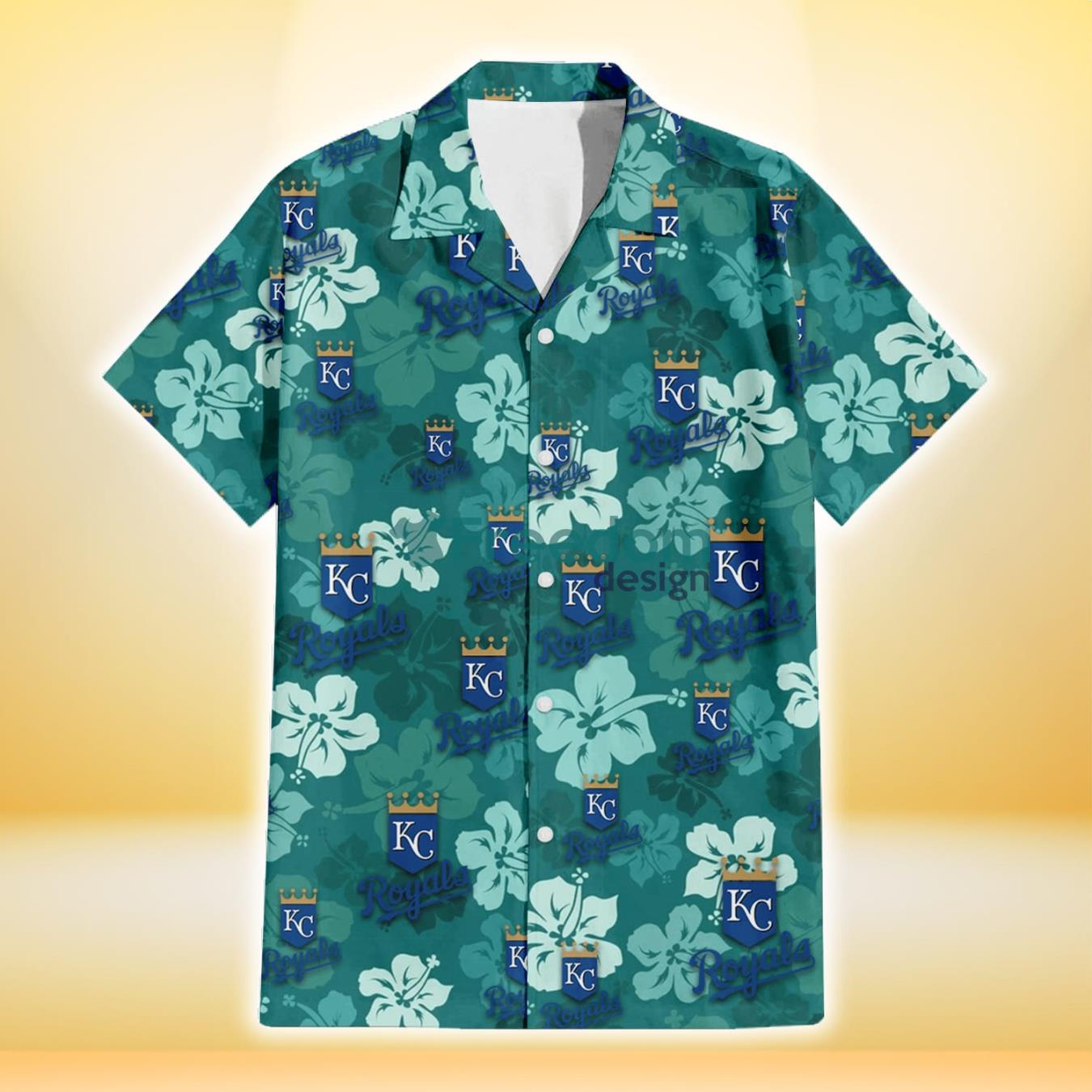 Kansas City Royals Light Sea Green Hibiscus Green Background 3D Hawaiian Shirt Gift For Fans Product Photo 2