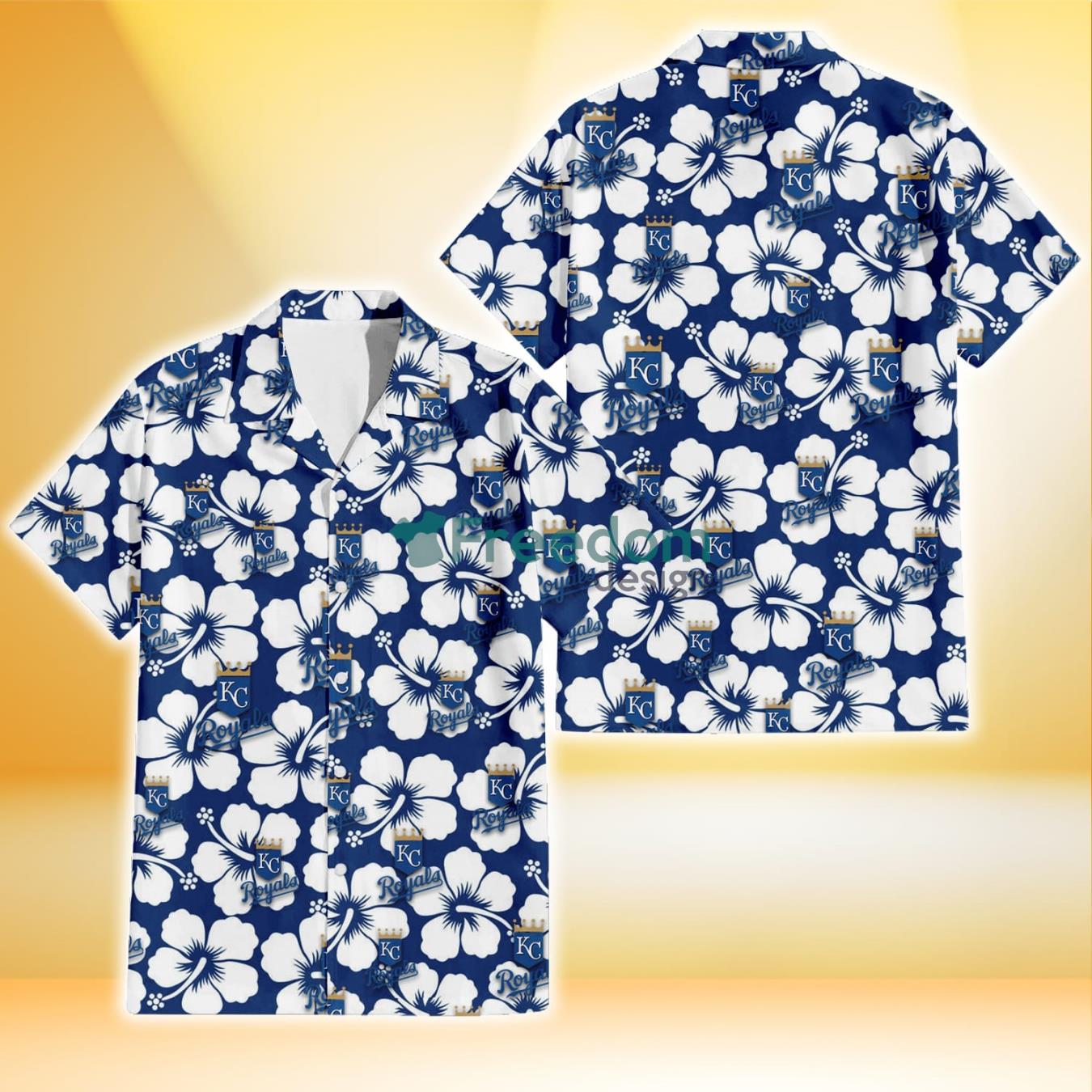 Kansas City Royals Modern White Hibiscus Navy Background 3D Hawaiian Shirt Gift For Fans Product Photo 1