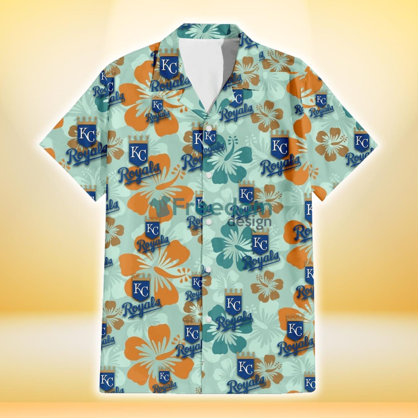 Kansas City Royals Orange Green Hibiscus Pale Green Background 3D Hawaiian Shirt Gift For Fans Product Photo 2