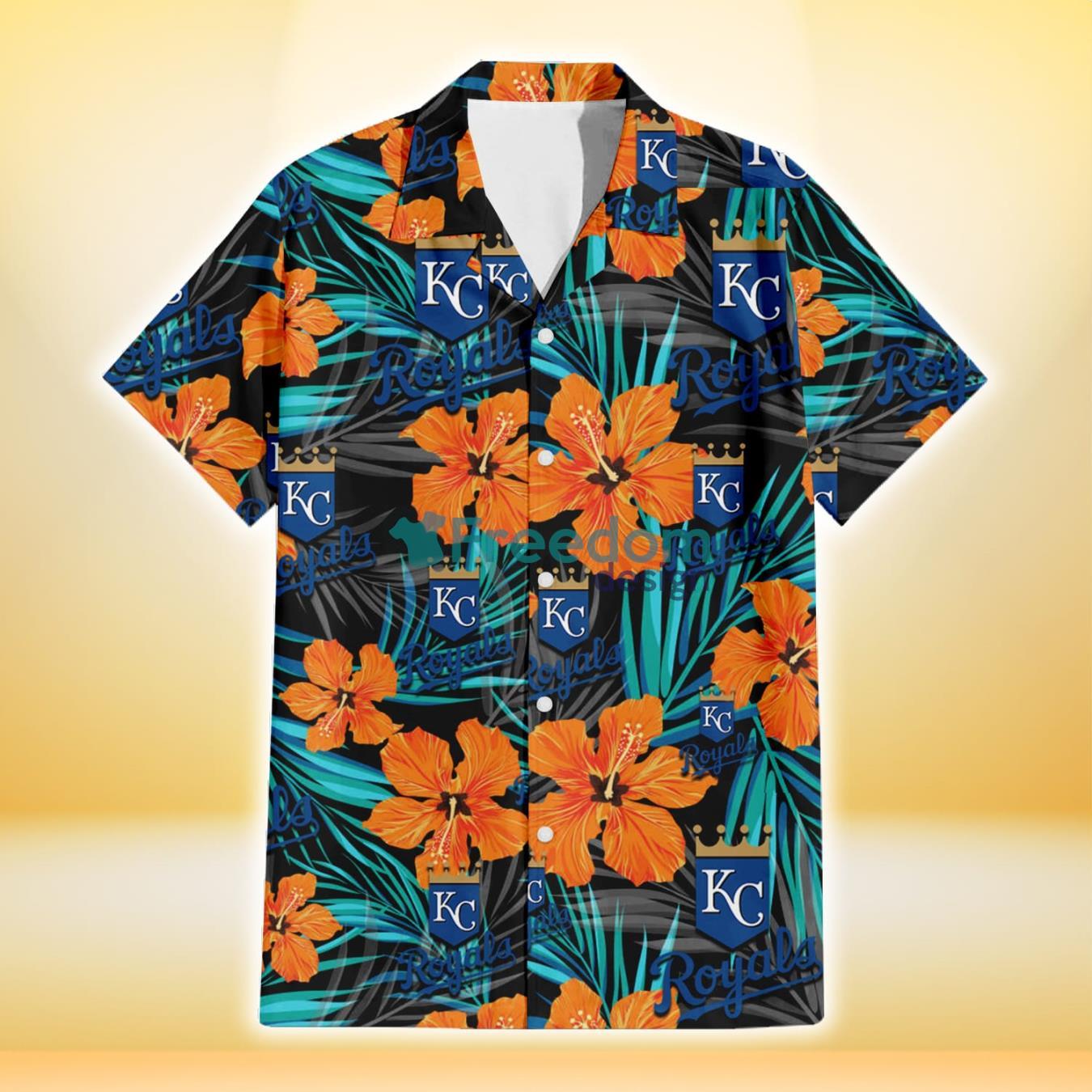 Kansas City Royals Orange Hibiscus Blue Gray Leaf Black Background 3D Hawaiian Shirt Gift For Fans Product Photo 2