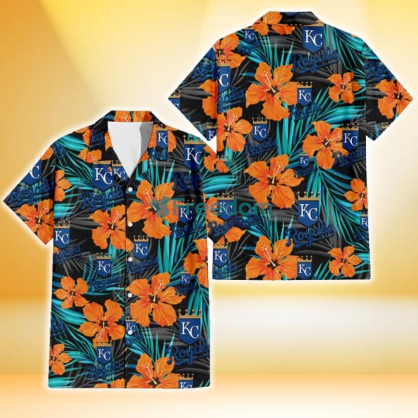 Kansas City Royals Orange Hibiscus Blue Gray Leaf Black Background 3D Hawaiian Shirt Gift For Fans Product Photo 1