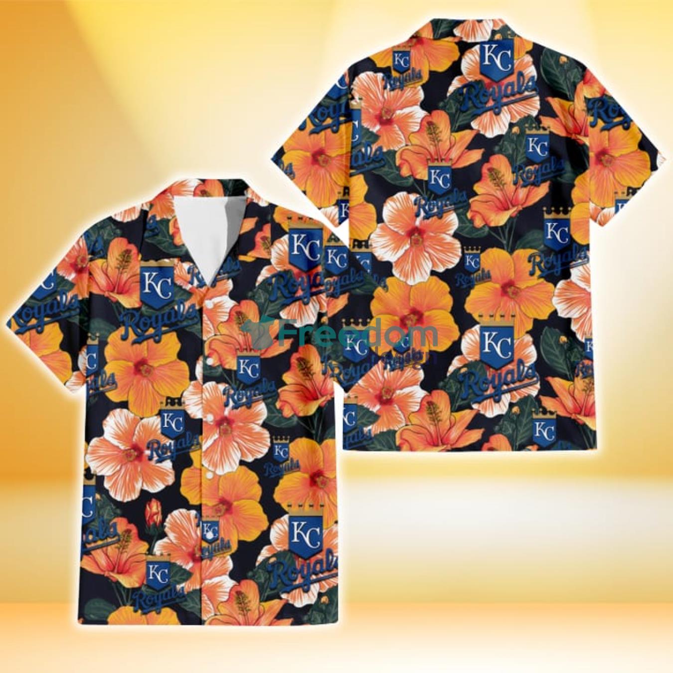 Kansas City Royals Orange Hibiscus Dark Green Leaf Black Background 3D Hawaiian Shirt Gift For Fans Product Photo 1