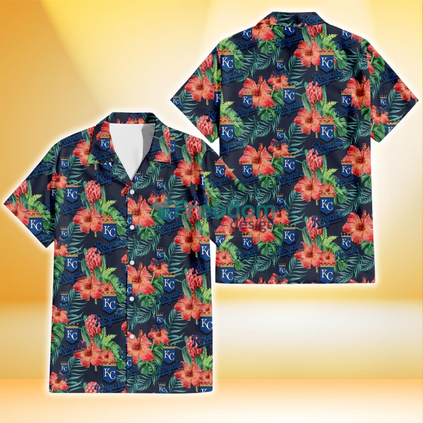 Kansas City Royals Orange Hibiscus Green Tropical Leaf Dark Background 3D Hawaiian Shirt Gift For Fans Product Photo 1