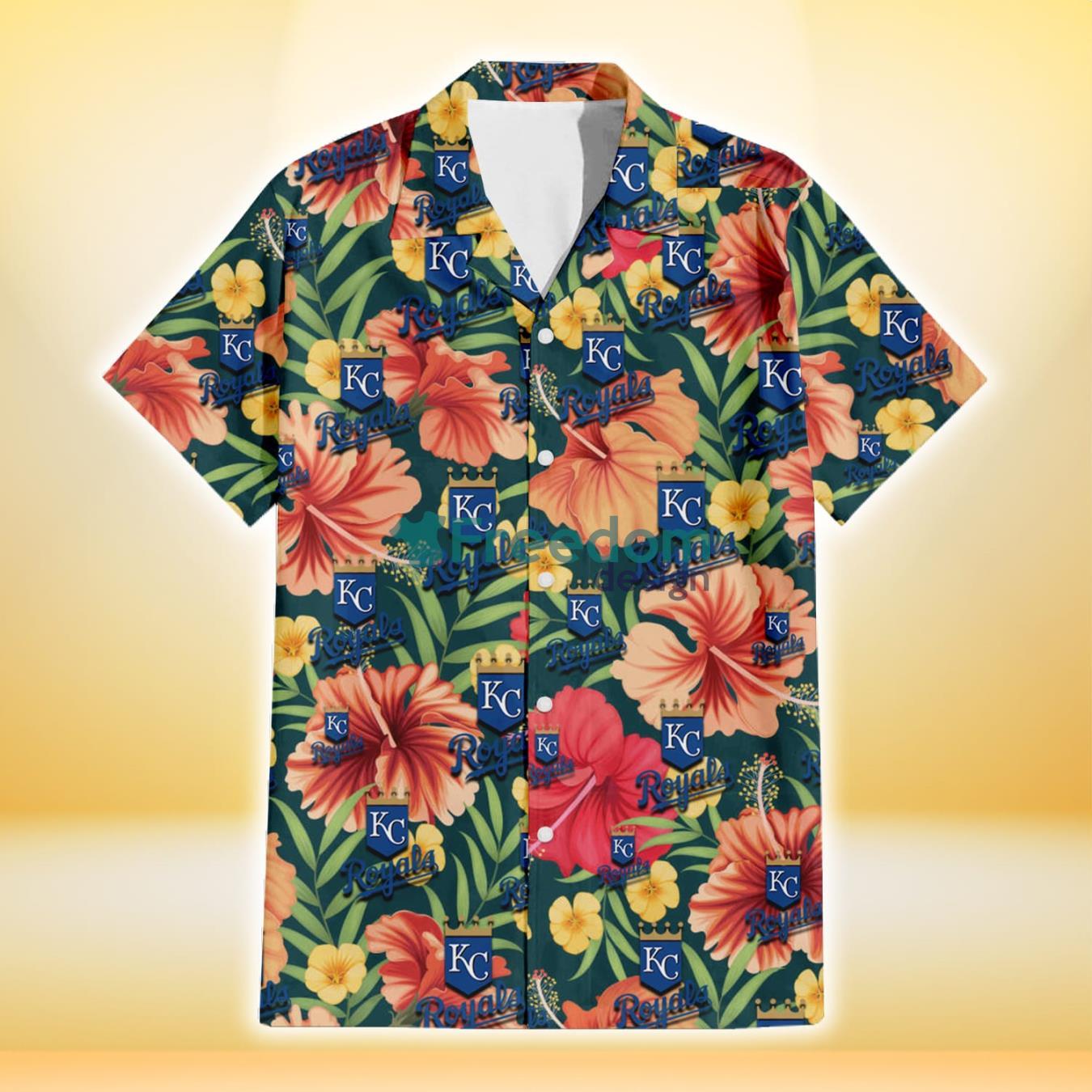 Kansas City Royals Orange Red Hibiscus Green Leaf Dark Background 3D Hawaiian Shirt Gift For Fans Product Photo 2