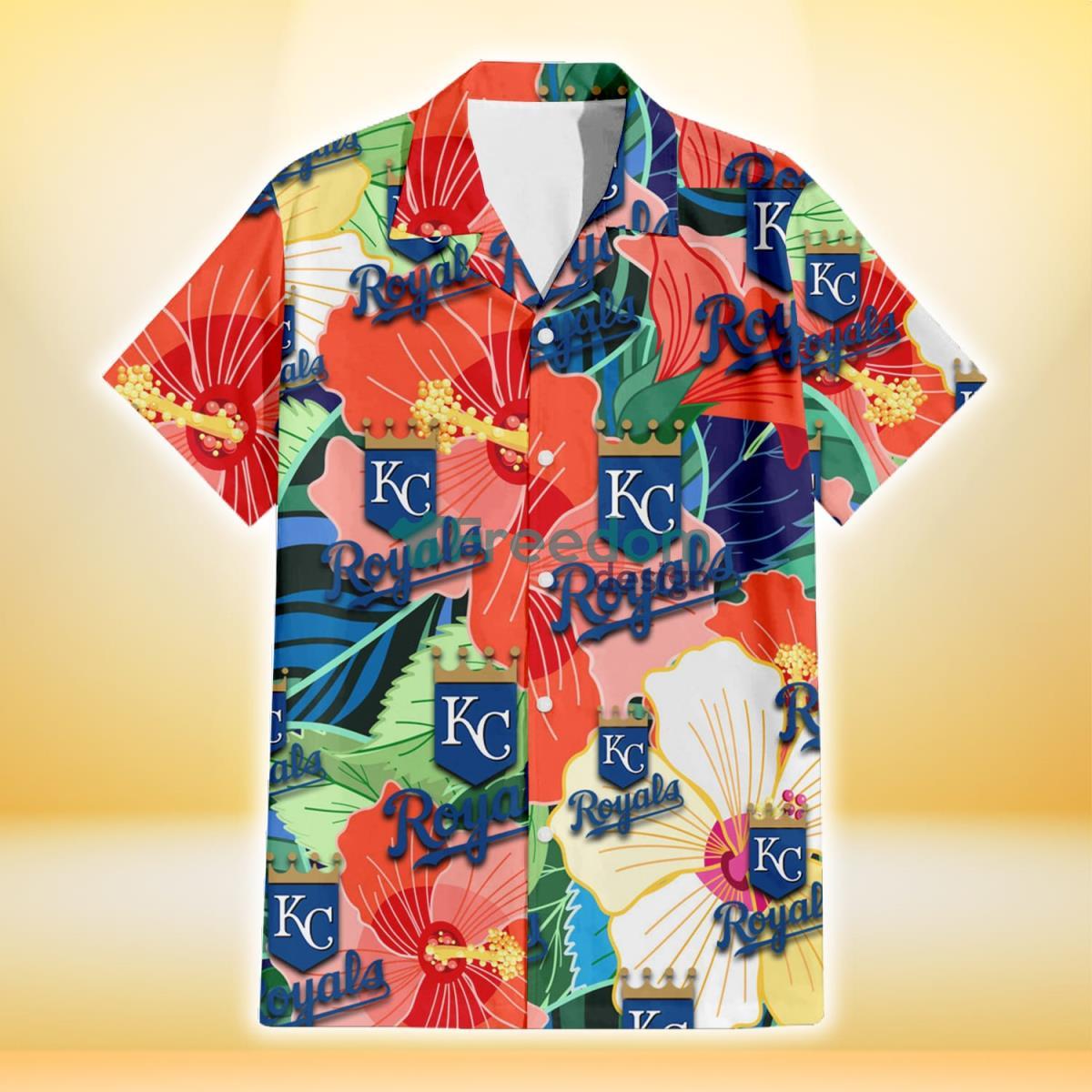 Kansas City Royals Orange White Tropical Hibiscus Green Leaf 3D Hawaiian Shirt Gift For Fans Product Photo 2