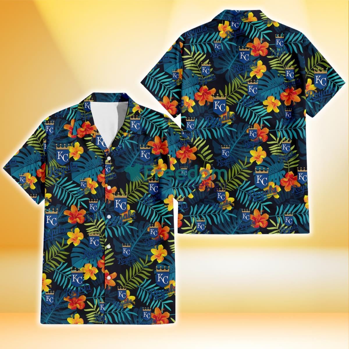 Kansas City Royals Orange Yellow Green Leaf Black Background 3D Hawaiian Shirt Gift For Fans Product Photo 1