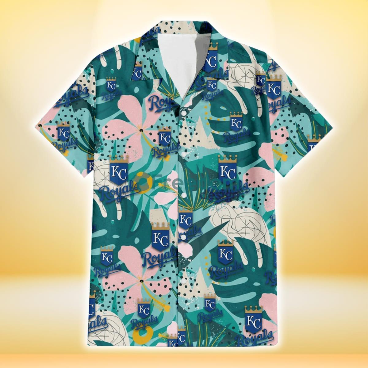 Kansas City Royals Pastel Hibiscus Palm Leaf Tiny Dot Green Background 3D Hawaiian Shirt Gift For Fans Product Photo 2