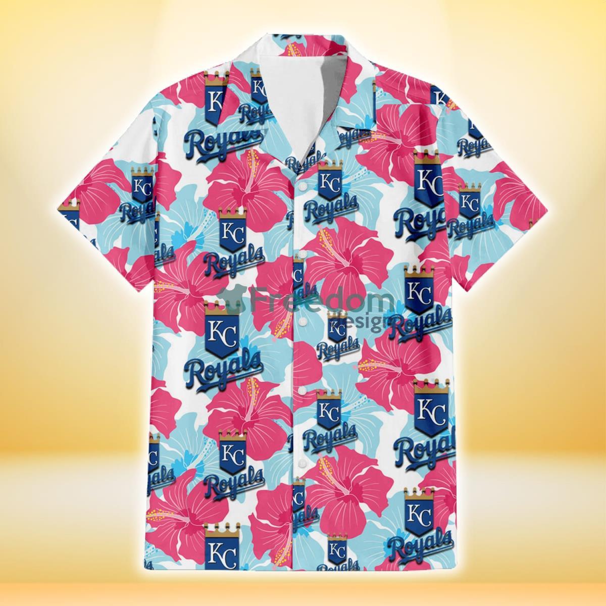 Kansas City Royals Pink Blue Hibiscus White Background 3D Hawaiian Shirt Gift For Fans Product Photo 2