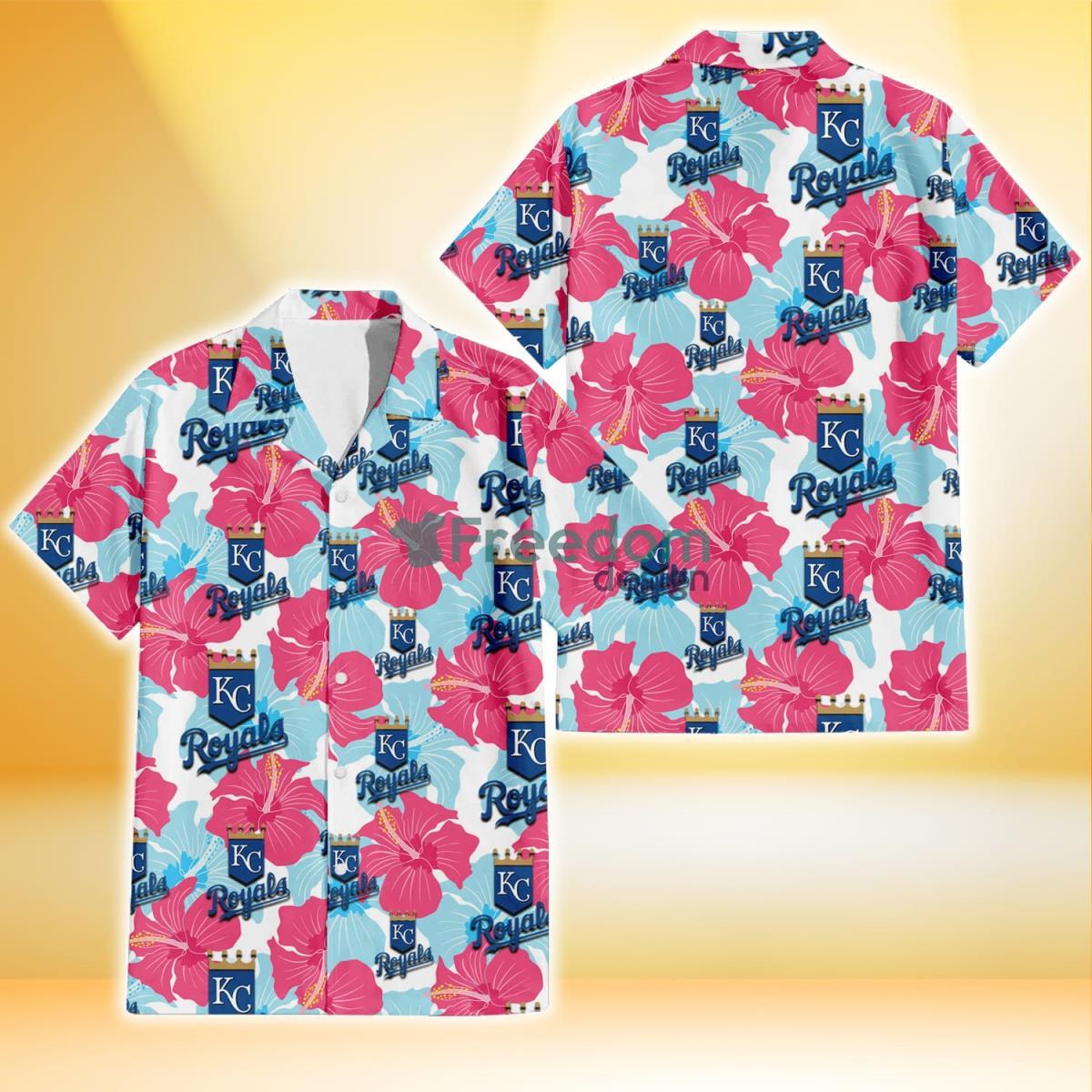 Kansas City Royals Pink Blue Hibiscus White Background 3D Hawaiian Shirt Gift For Fans Product Photo 1