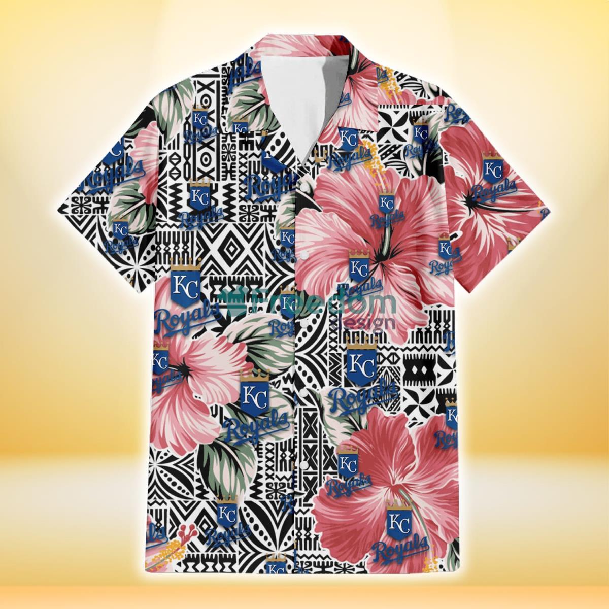 Kansas City Royals Pink Hibiscus Black Pattern White Background 3D Hawaiian Shirt Gift For Fans Product Photo 2