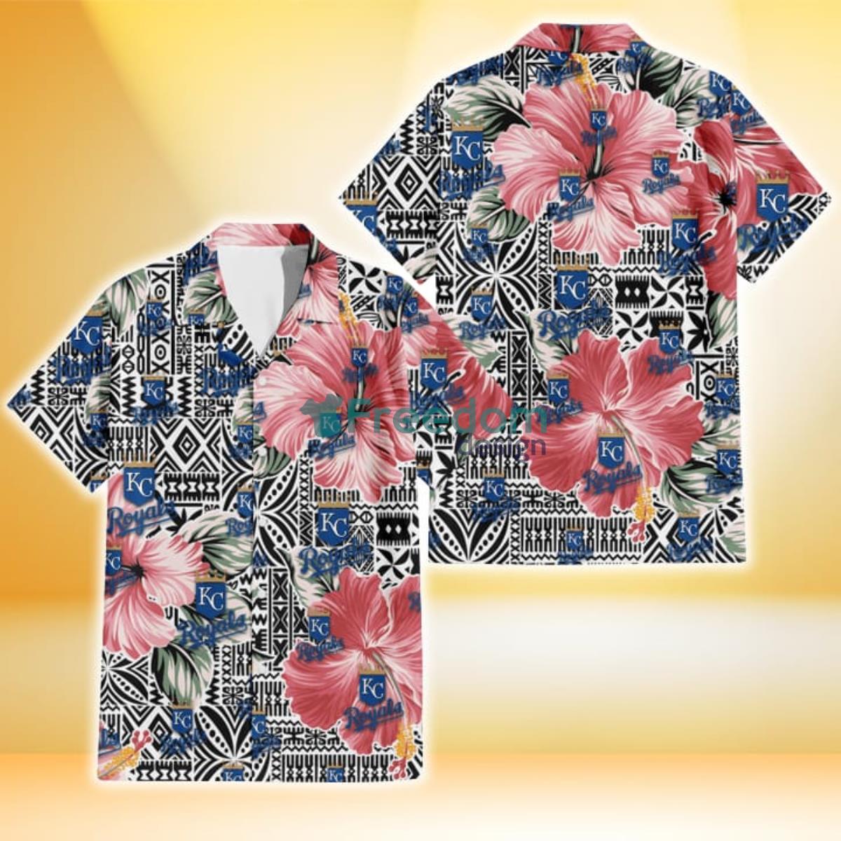 Kansas City Royals Pink Hibiscus Black Pattern White Background 3D Hawaiian Shirt Gift For Fans Product Photo 1