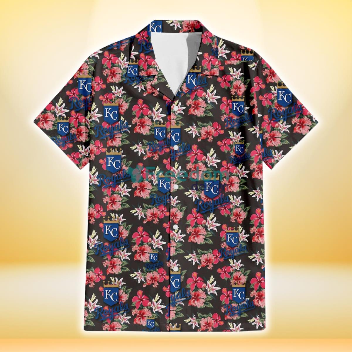 Kansas City Royals Pink Hibiscus Orchid Brown Background 3D Hawaiian Shirt Gift For Fans Product Photo 2