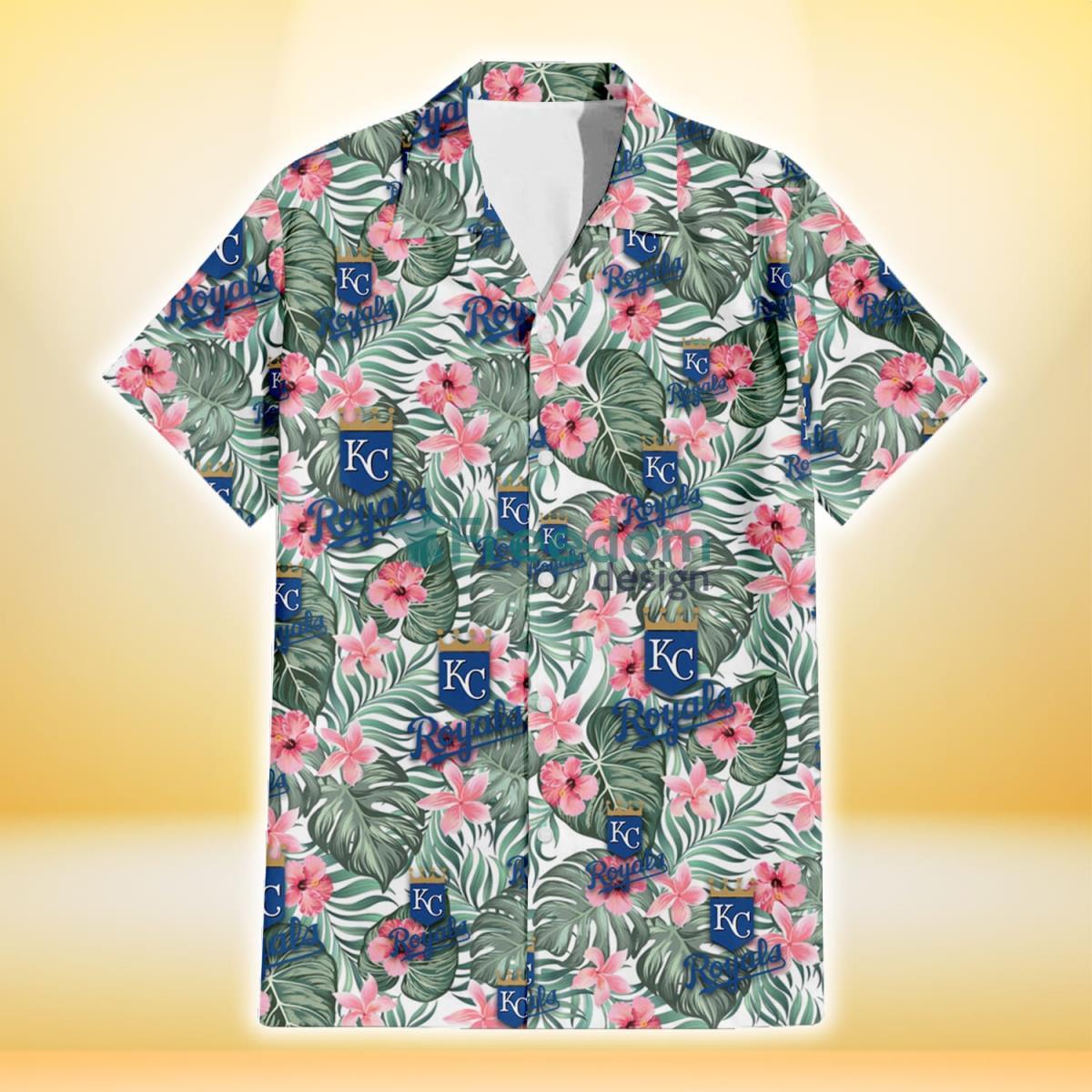 Kansas City Royals Pink Hibiscus Porcelain Flower Tropical Leaf White Background 3D Hawaiian Shirt Gift For Fans Product Photo 2