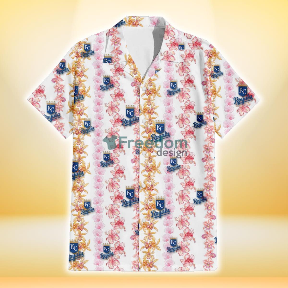 Kansas City Royals Pink Hibiscus Yellow Pink Orchid White Background 3D Hawaiian Shirt Gift For Fans Product Photo 2