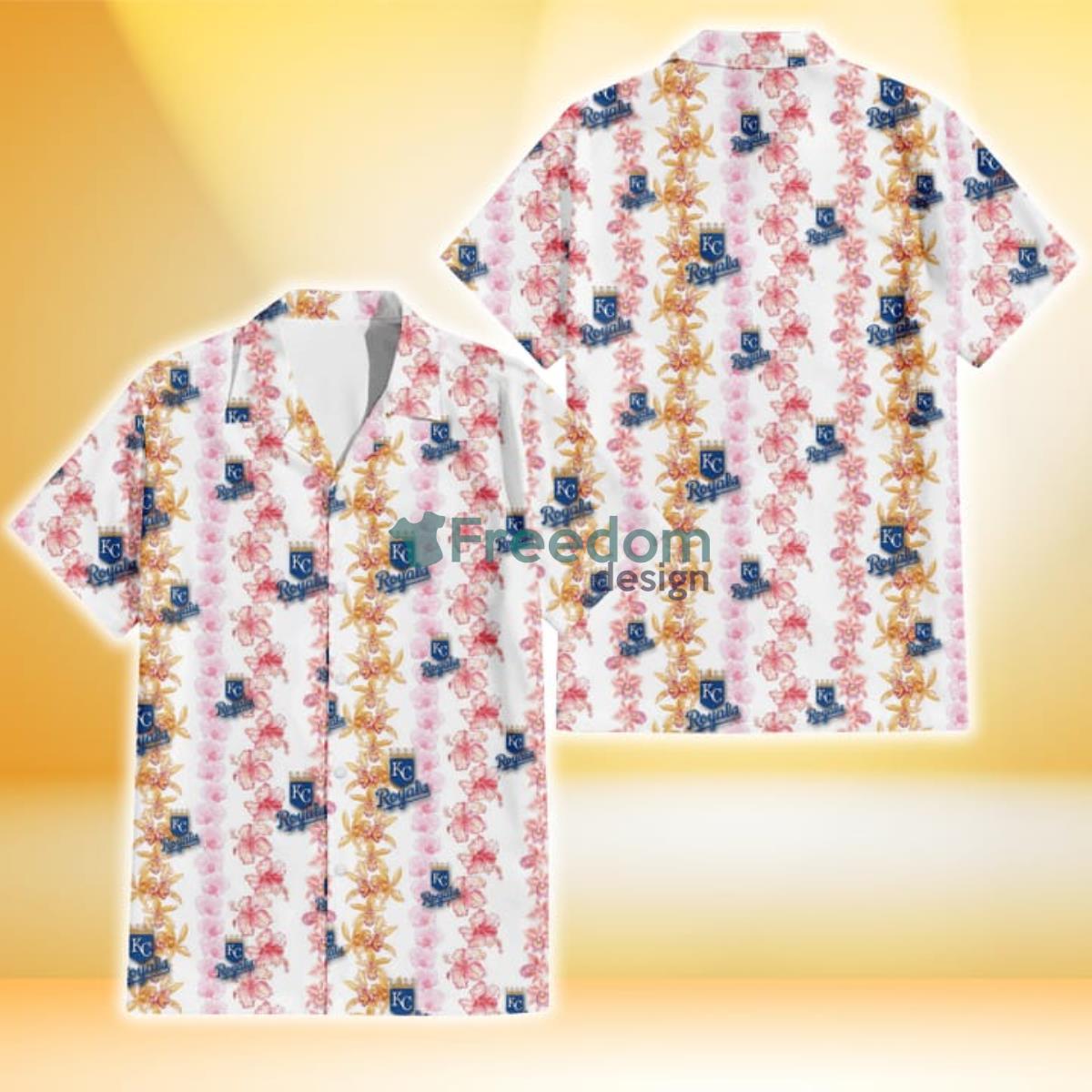 Kansas City Royals Pink Hibiscus Yellow Pink Orchid White Background 3D Hawaiian Shirt Gift For Fans Product Photo 1