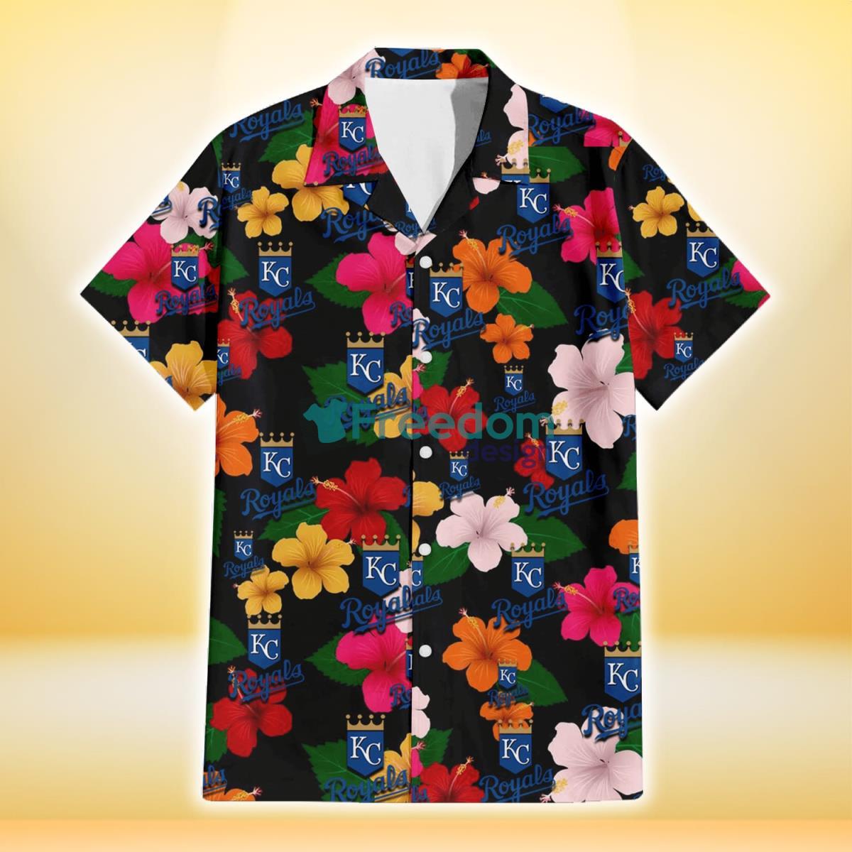 Kansas City Royals Pink Orange Yellow White Hibiscus Black Background 3D Hawaiian Shirt Gift For Fans Product Photo 2