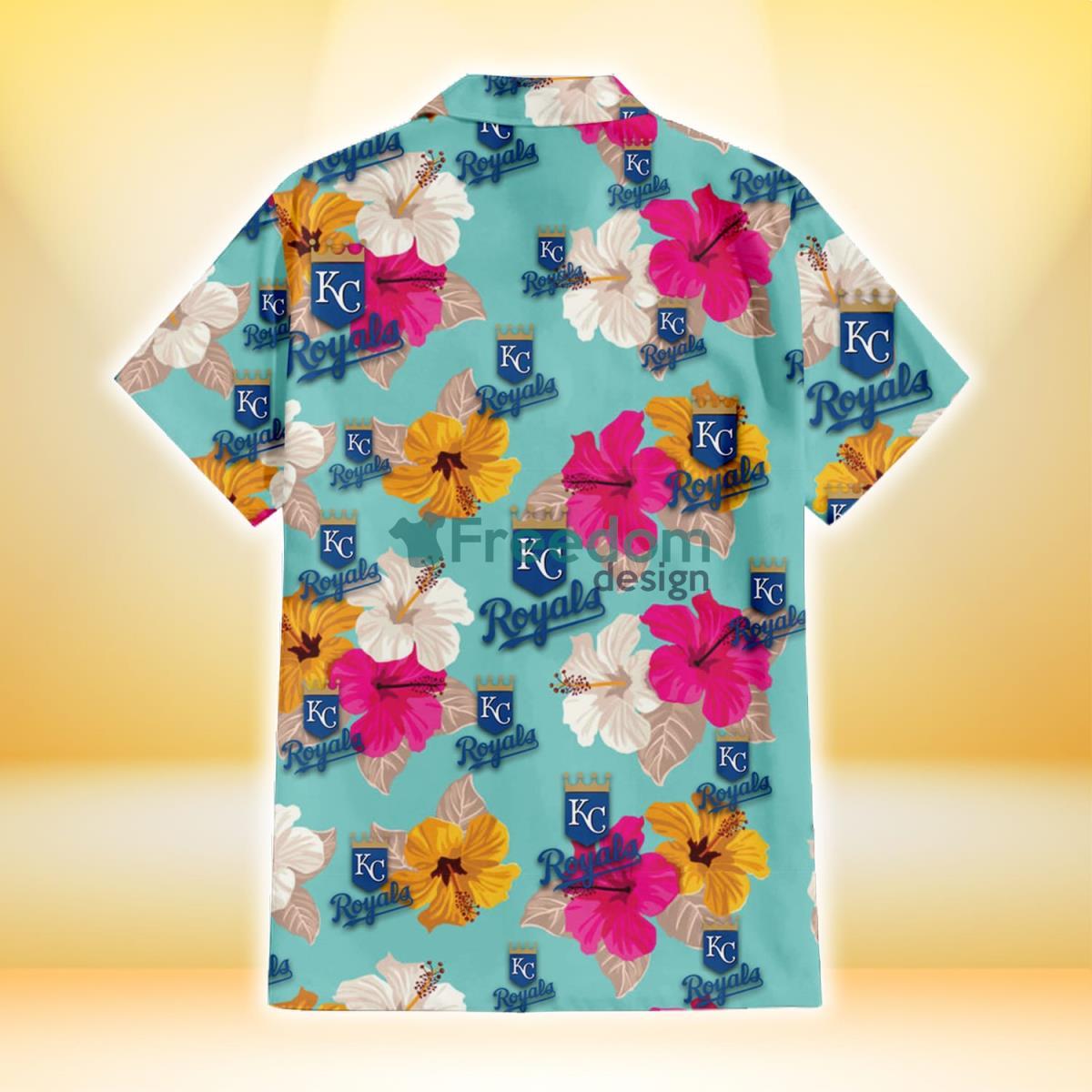 Kansas City Royals Pink Yellow White Hibiscus Turquoise Background 3D Hawaiian Shirt Gift For Fans Product Photo 2