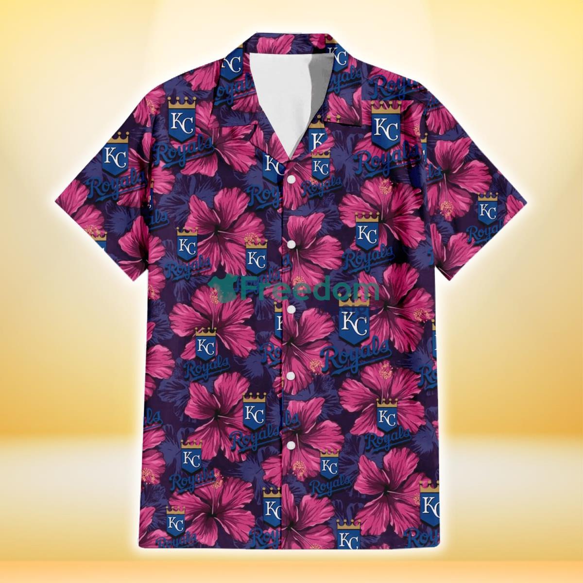 Kansas City Royals Plum Vilolet Hibiscus Dark Navy Leaf Black 3D Hawaiian Shirt Gift For Fans Product Photo 2