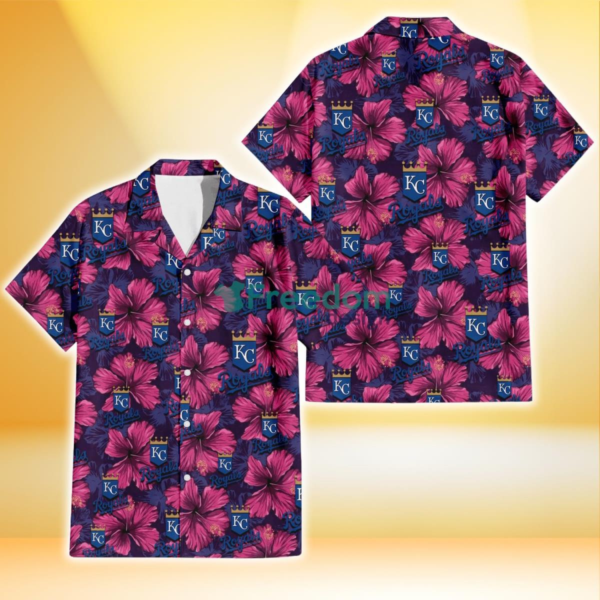 Kansas City Royals Plum Vilolet Hibiscus Dark Navy Leaf Black 3D Hawaiian Shirt Gift For Fans Product Photo 1