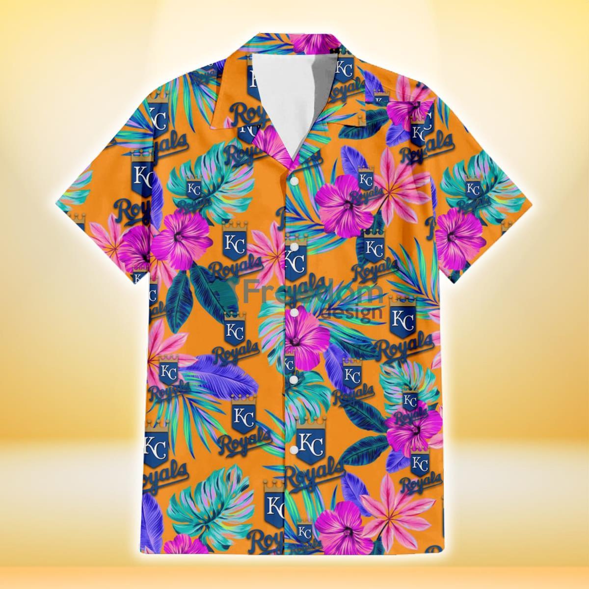 Kansas City Royals Purple Hibiscus Neon Leaf Orange Background 3D Hawaiian Shirt Gift For Fans Product Photo 2