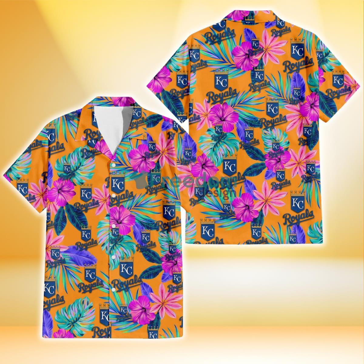 Kansas City Royals Purple Hibiscus Neon Leaf Orange Background 3D Hawaiian Shirt Gift For Fans Product Photo 1