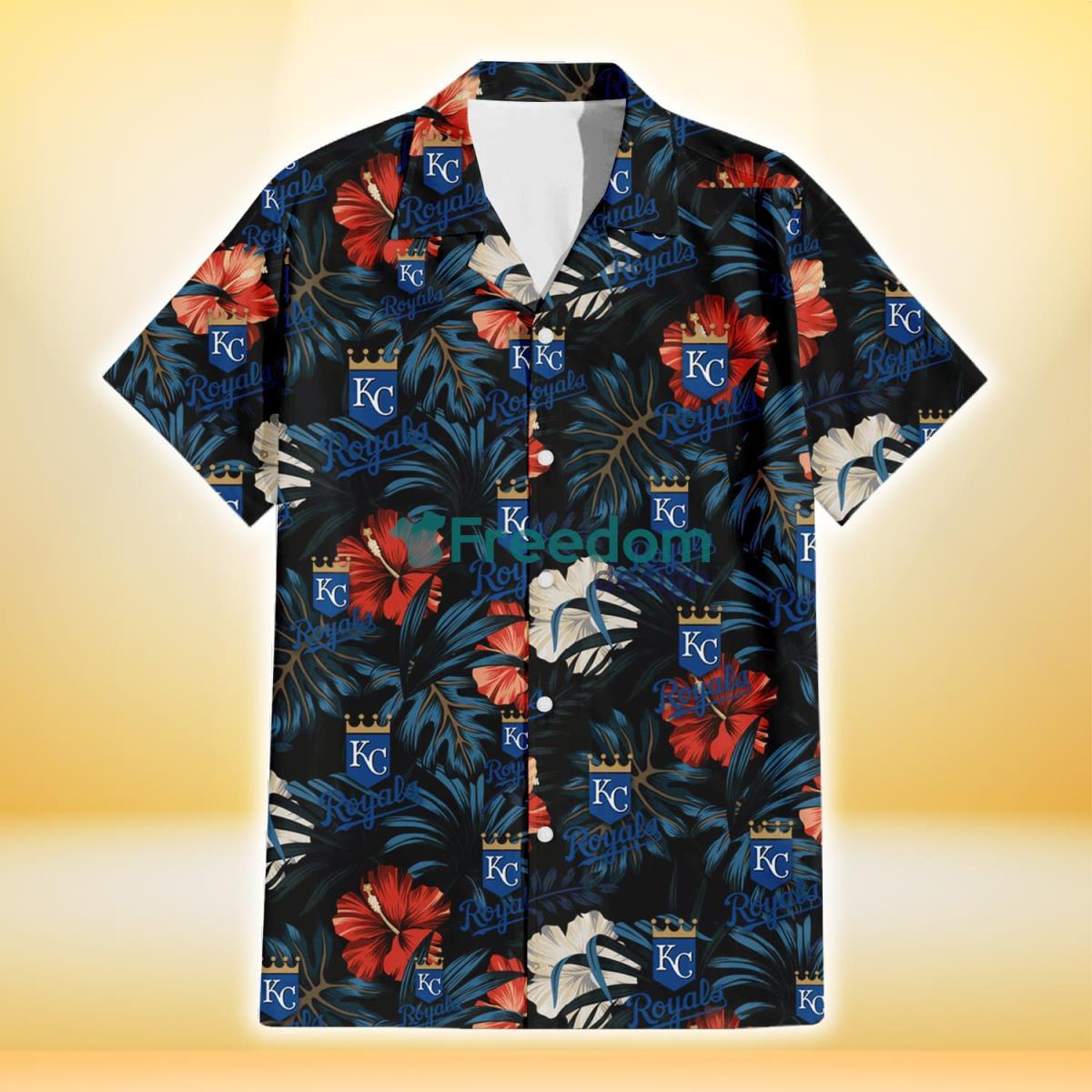 Kansas City Royals Red And White Hibiscus Dark Leaf Black Background 3D Hawaiian Shirt Gift For Fans Product Photo 2