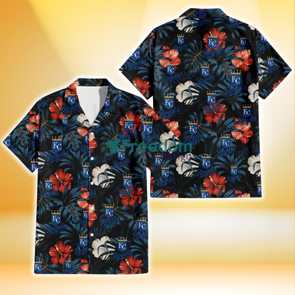 Kansas City Royals Red And White Hibiscus Dark Leaf Black Background 3D Hawaiian Shirt Gift For Fans Product Photo 1