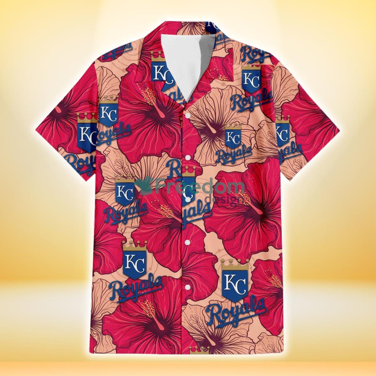 Kansas City Royals Red Beige Hibiscus Beige Background 3D Hawaiian Shirt Gift For Fans Product Photo 2