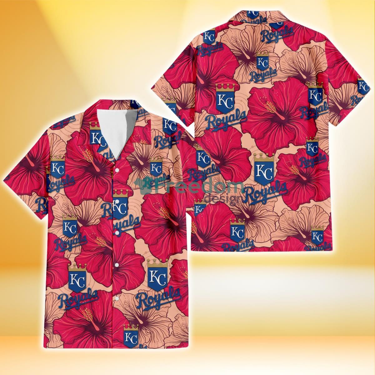 Kansas City Royals Red Beige Hibiscus Beige Background 3D Hawaiian Shirt Gift For Fans Product Photo 1