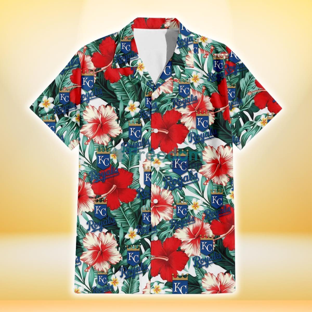 Kansas City Royals Red Coral Hibiscus White Porcelain Flower Banana Leaf 3D Hawaiian Shirt Gift For Fans Product Photo 2