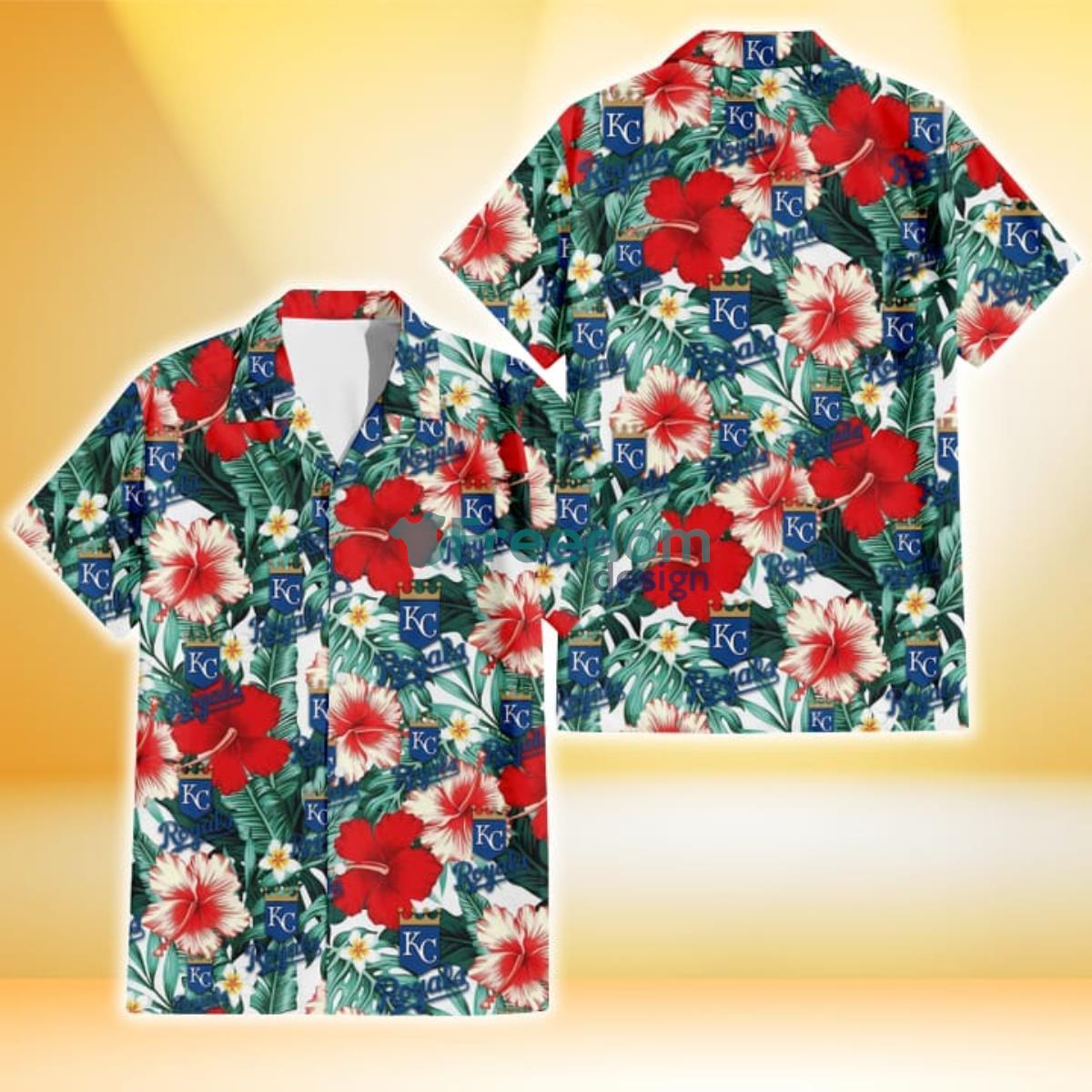 Kansas City Royals Red Coral Hibiscus White Porcelain Flower Banana Leaf 3D Hawaiian Shirt Gift For Fans Product Photo 1