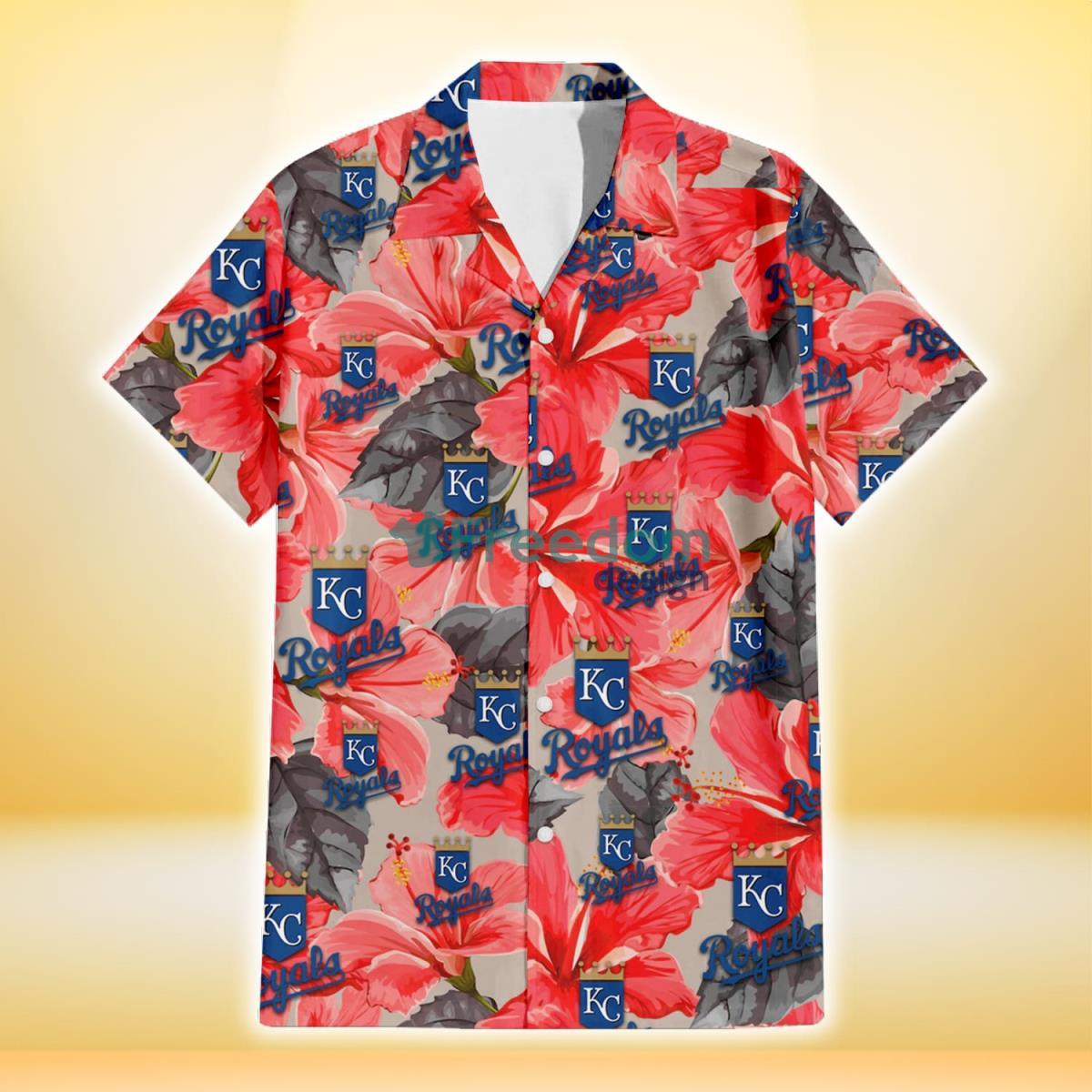 Kansas City Royals Red Hibiscus Gray Leaf Beige Background 3D Hawaiian Shirt Gift For Fans Product Photo 2