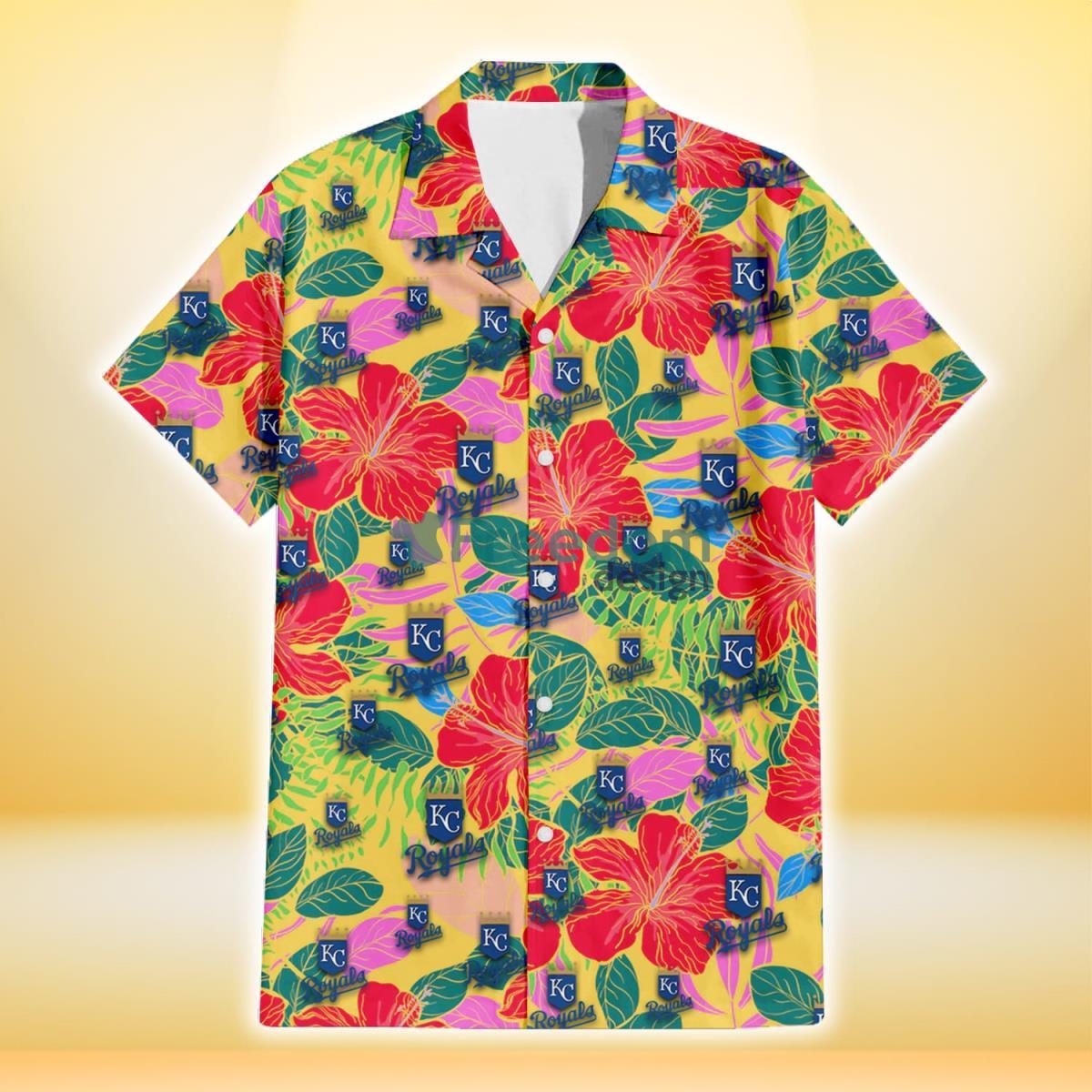 Kansas City Royals Red Hibiscus Yellow Porcelain Flower With Leaf Pattern  3D Hawaiian Shirt Summer Gift