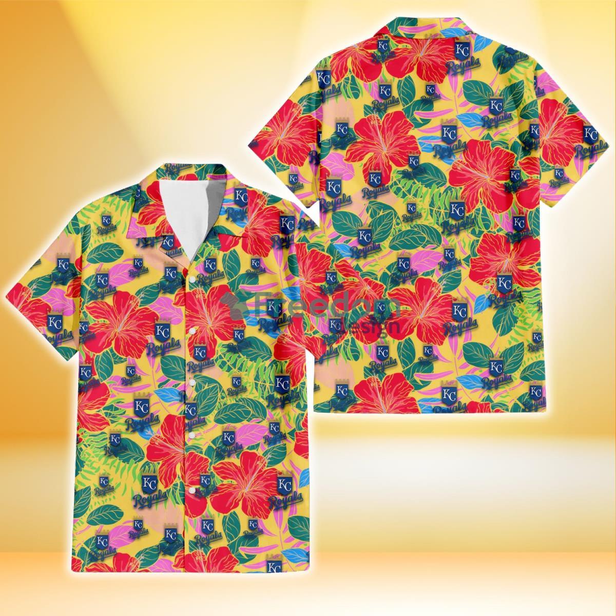 Kansas City Royals Red Hibiscus Green Blue Leaf Yellow Background 3D Hawaiian Shirt Gift For Fans Product Photo 1