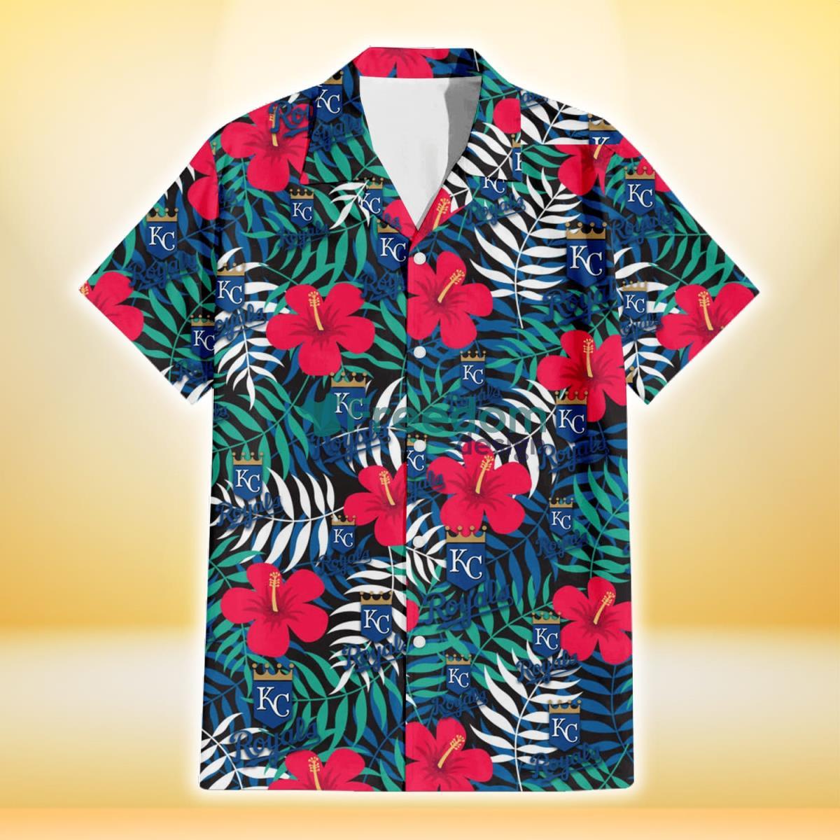 Kansas City Royals Red Hibiscus Green Blue White Leaf Black Background 3D Hawaiian Shirt Gift For Fans Product Photo 2