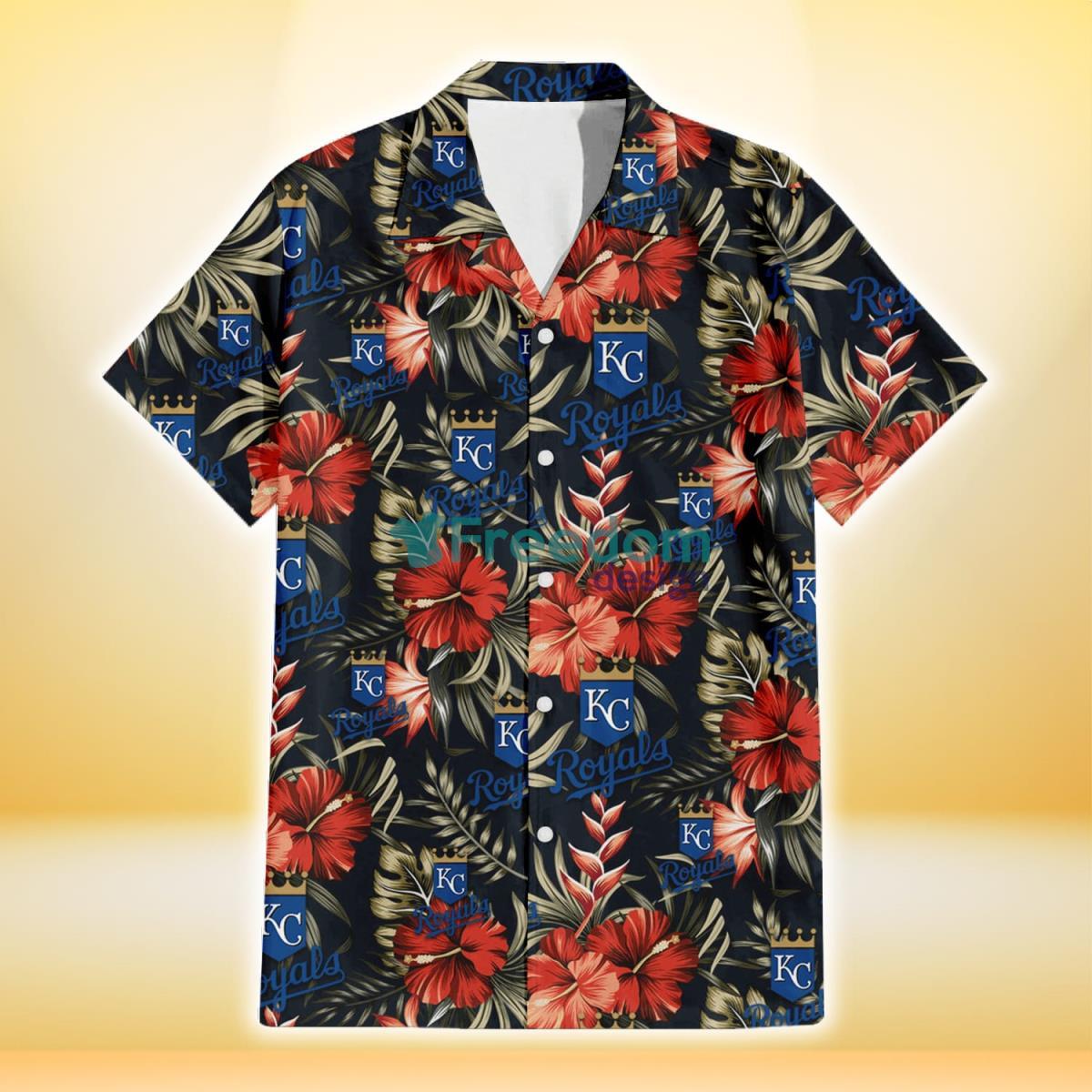 Kansas City Royals Red Hibiscus Green Leaf Dark Background 3D Hawaiian Shirt Gift For Fans Product Photo 2