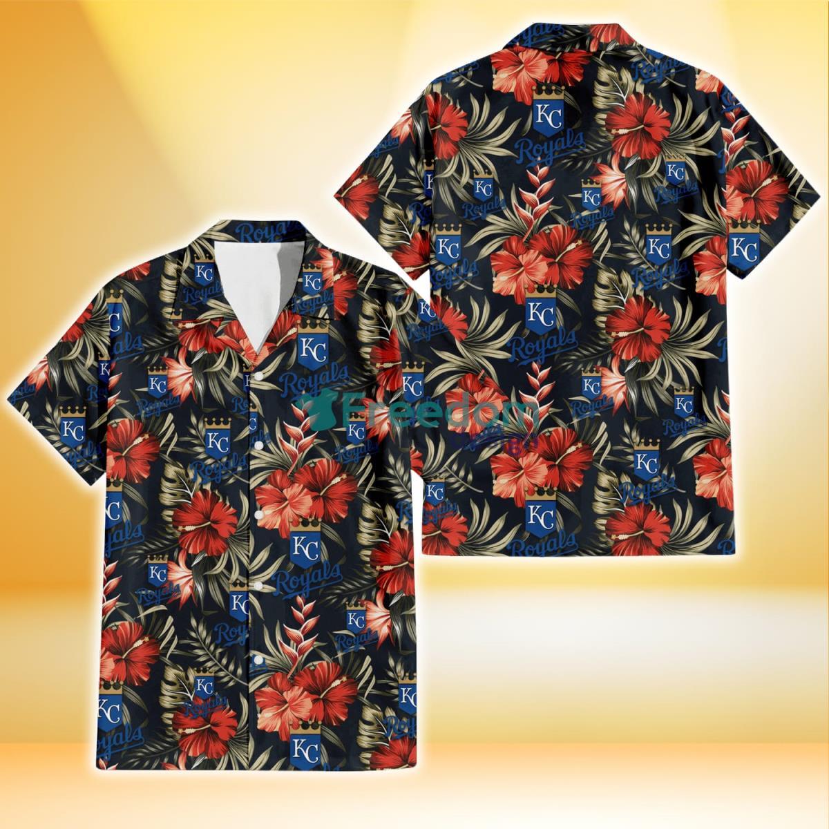 Kansas City Royals Red Hibiscus Green Leaf Dark Background 3D Hawaiian Shirt Gift For Fans Product Photo 1