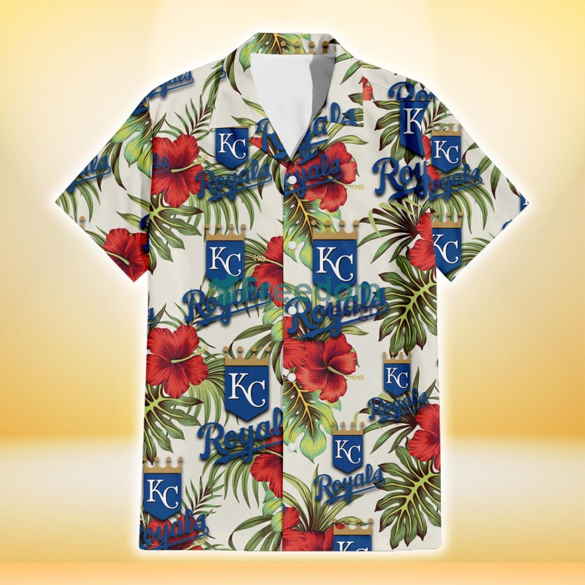 Kansas City Royals Red Hibiscus Green Tropical Leaf Cream Background 3D Hawaiian Shirt Gift For Fans Product Photo 2