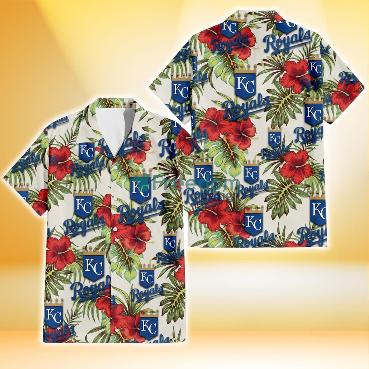 Kansas City Royals Red Hibiscus Green Tropical Leaf Cream Background 3D Hawaiian Shirt Gift For Fans Product Photo 1