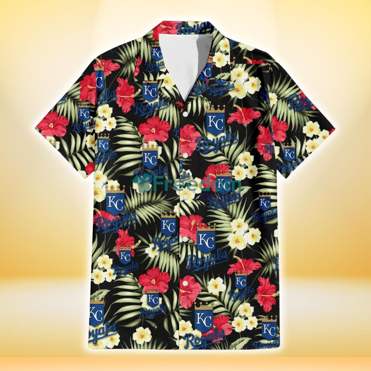 Kansas City Royals Red Hibiscus Yellow Porcelain Flower Black Background 3D Hawaiian Shirt Gift For Fans Product Photo 2