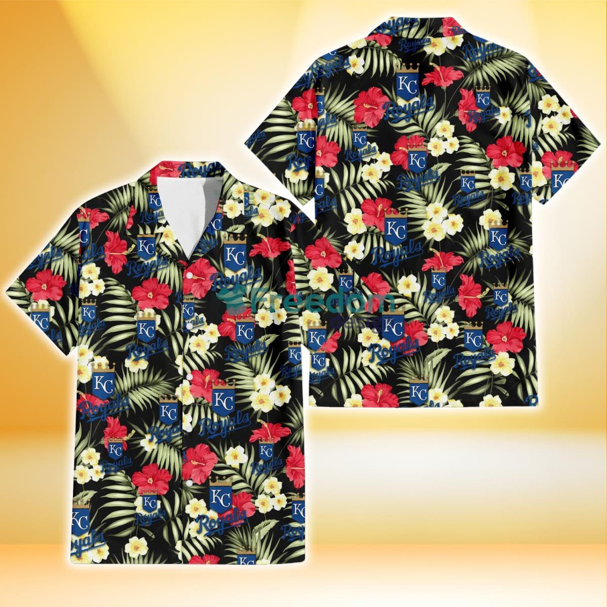 Kansas City Royals Red Hibiscus Yellow Porcelain Flower Black Background 3D Hawaiian Shirt Gift For Fans Product Photo 1