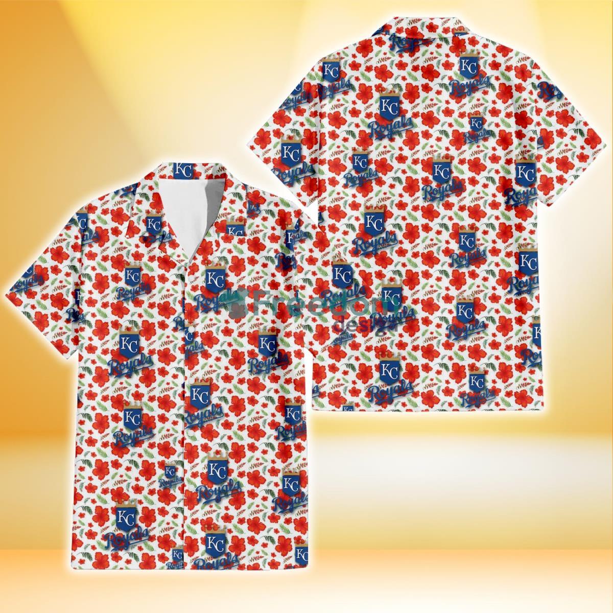 Kansas City Royals Tiny Red Hibiscus Green Leaf White Cube Background 3D Hawaiian Shirt Gift For Fans Product Photo 1