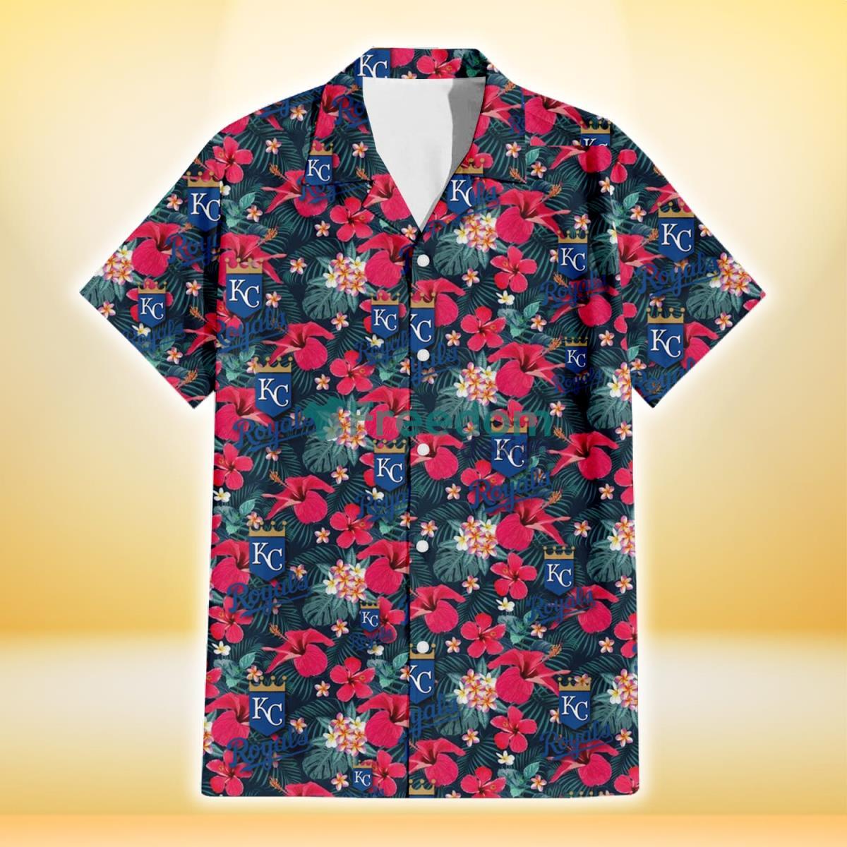 Kansas City Royals Tiny Red Hibiscus White Porcelain Flower Black Background 3D Hawaiian Shirt Gift For Fans Product Photo 2