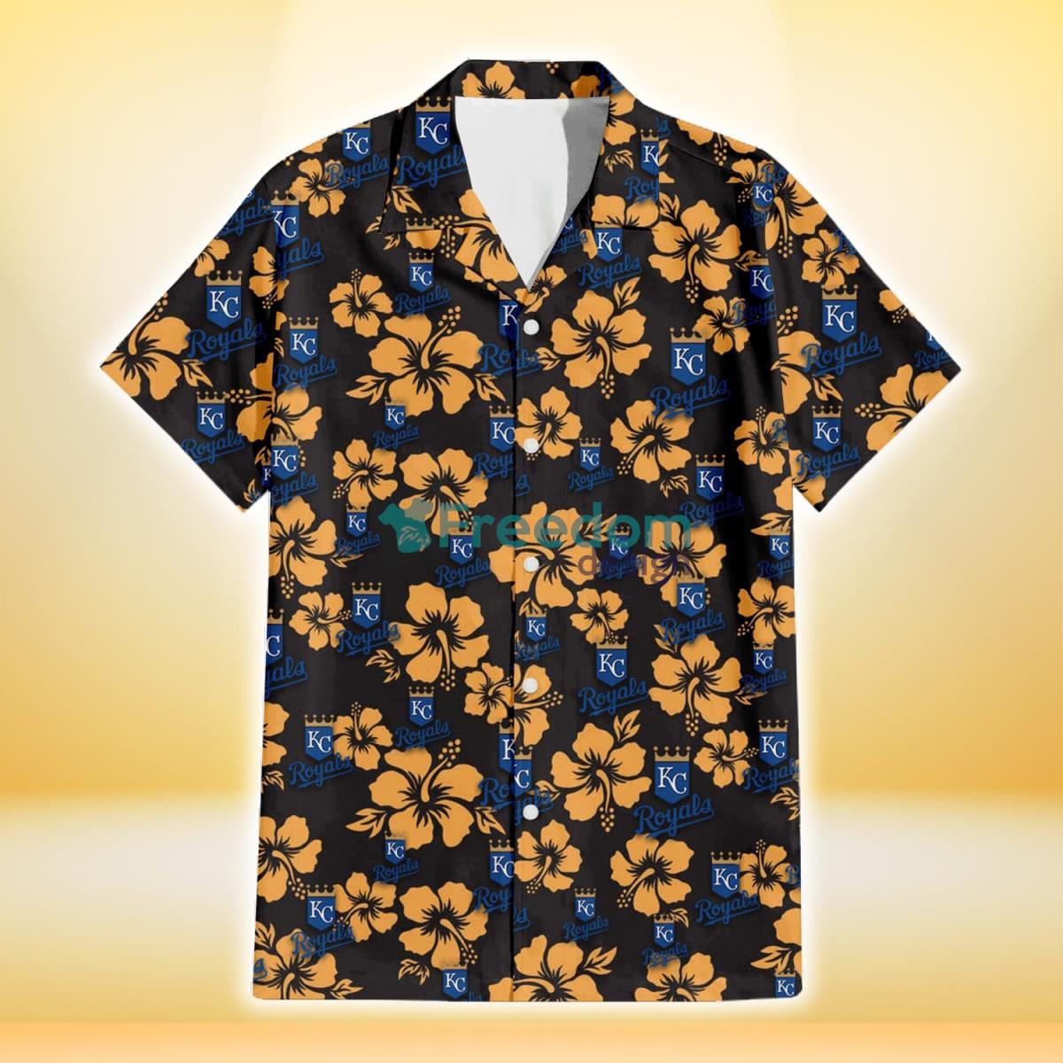 Kansas City Royals Tiny Yellow Hibiscus Black Background 3D Hawaiian Shirt Gift For Fans Product Photo 2