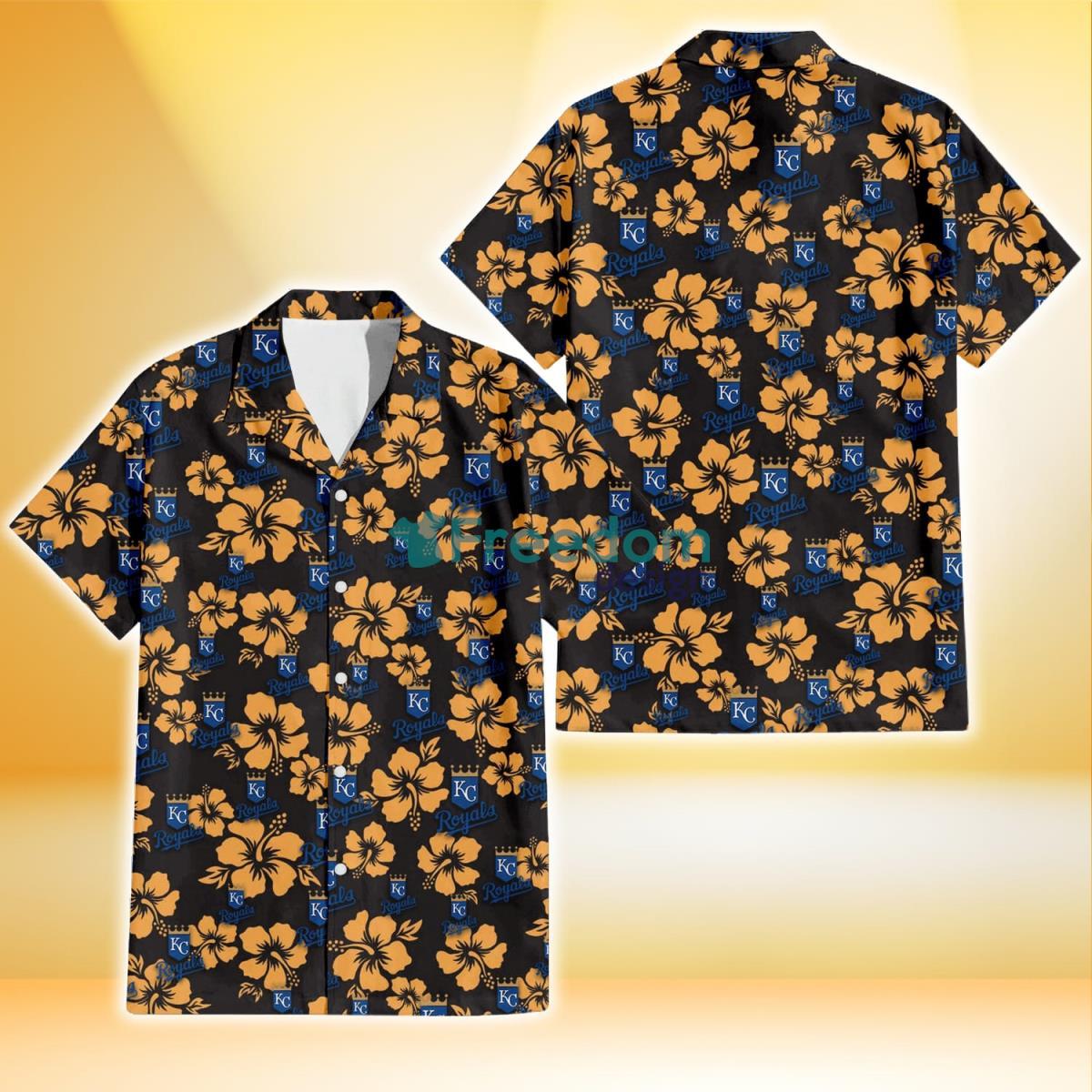 Kansas City Royals Tiny Yellow Hibiscus Black Background 3D Hawaiian Shirt Gift For Fans Product Photo 1