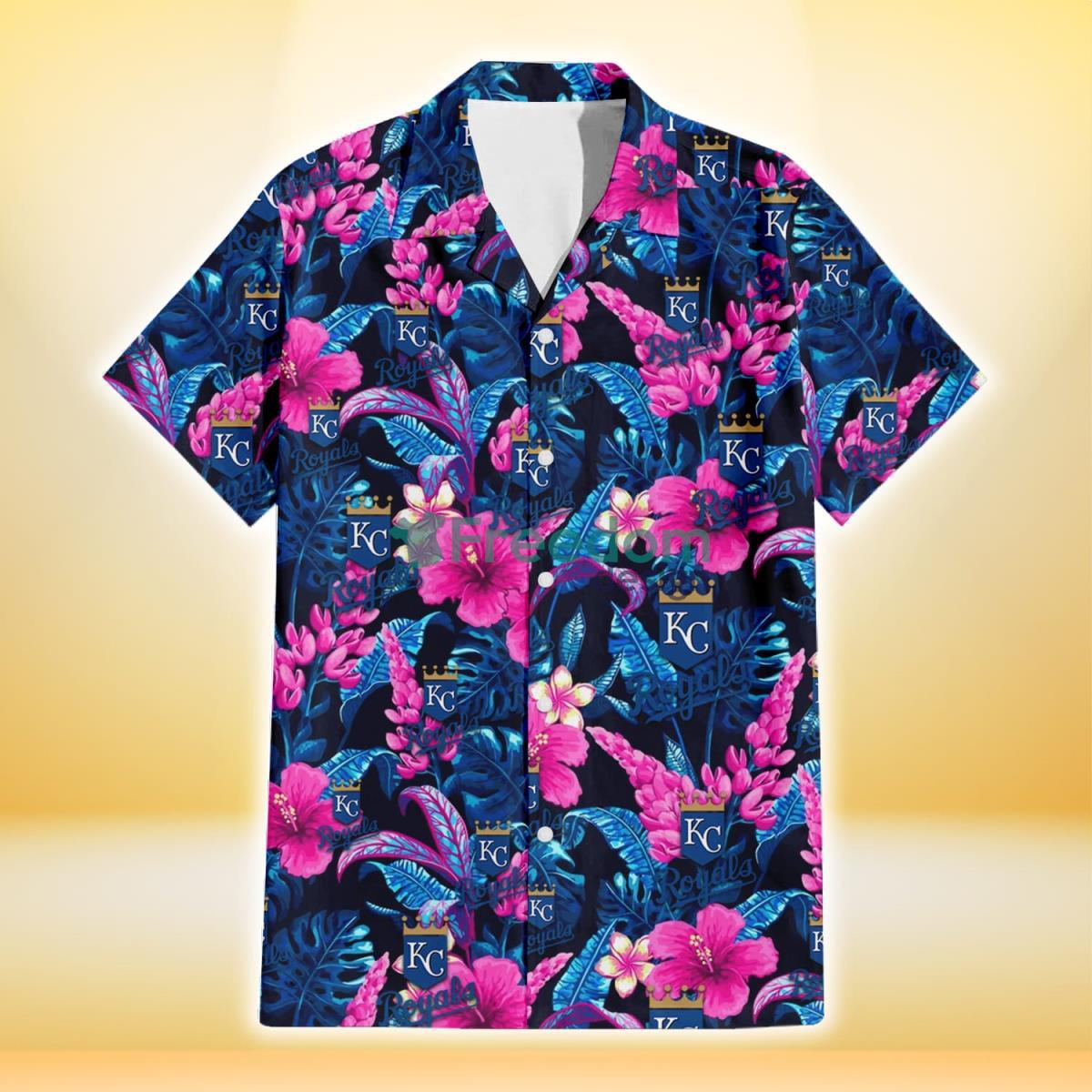 Kansas City Royals Violet Red Hibiscus Blue Leaf Black Background 3D Hawaiian Shirt Gift For Fans Product Photo 2