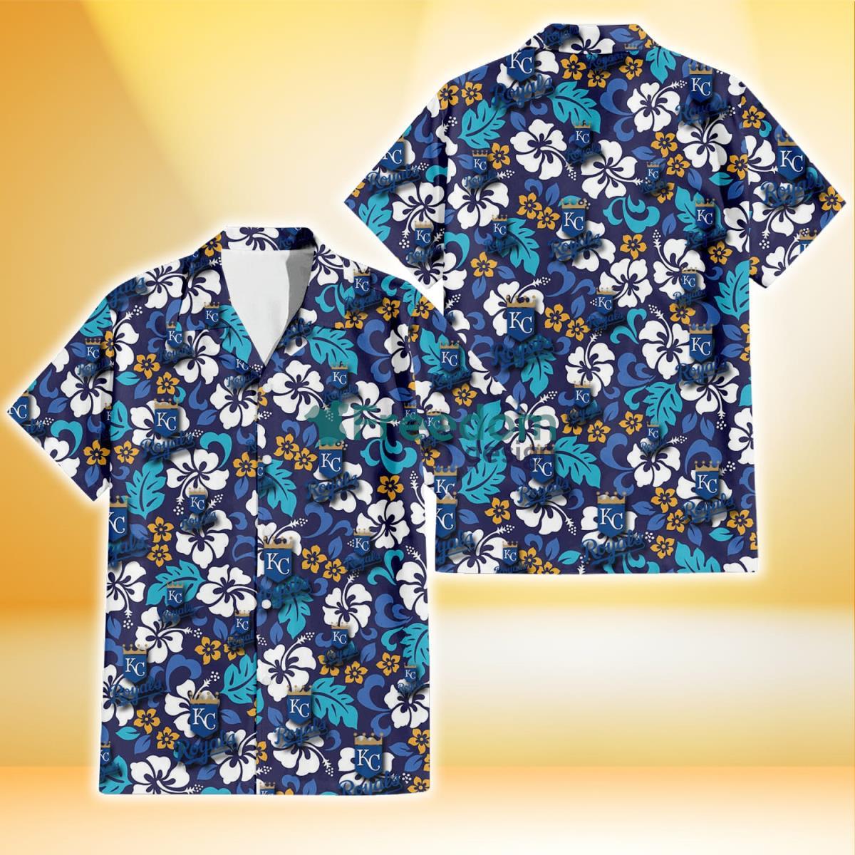 Kansas City Royals White Hibiscus Ceramic Style Navy Background 3D Hawaiian Shirt Gift For Fans Product Photo 1