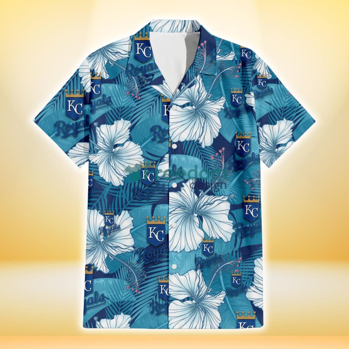 Kansas City Royals White Hibiscus Turquoise Banana Leaf Navy Background 3D Hawaiian Shirt Gift For Fans Product Photo 2